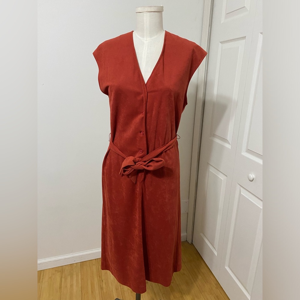 VINTAGE Kenny Classics Rust Belted Midi Dress 70s 80s Vibes Size Small - Picture 3 of 12